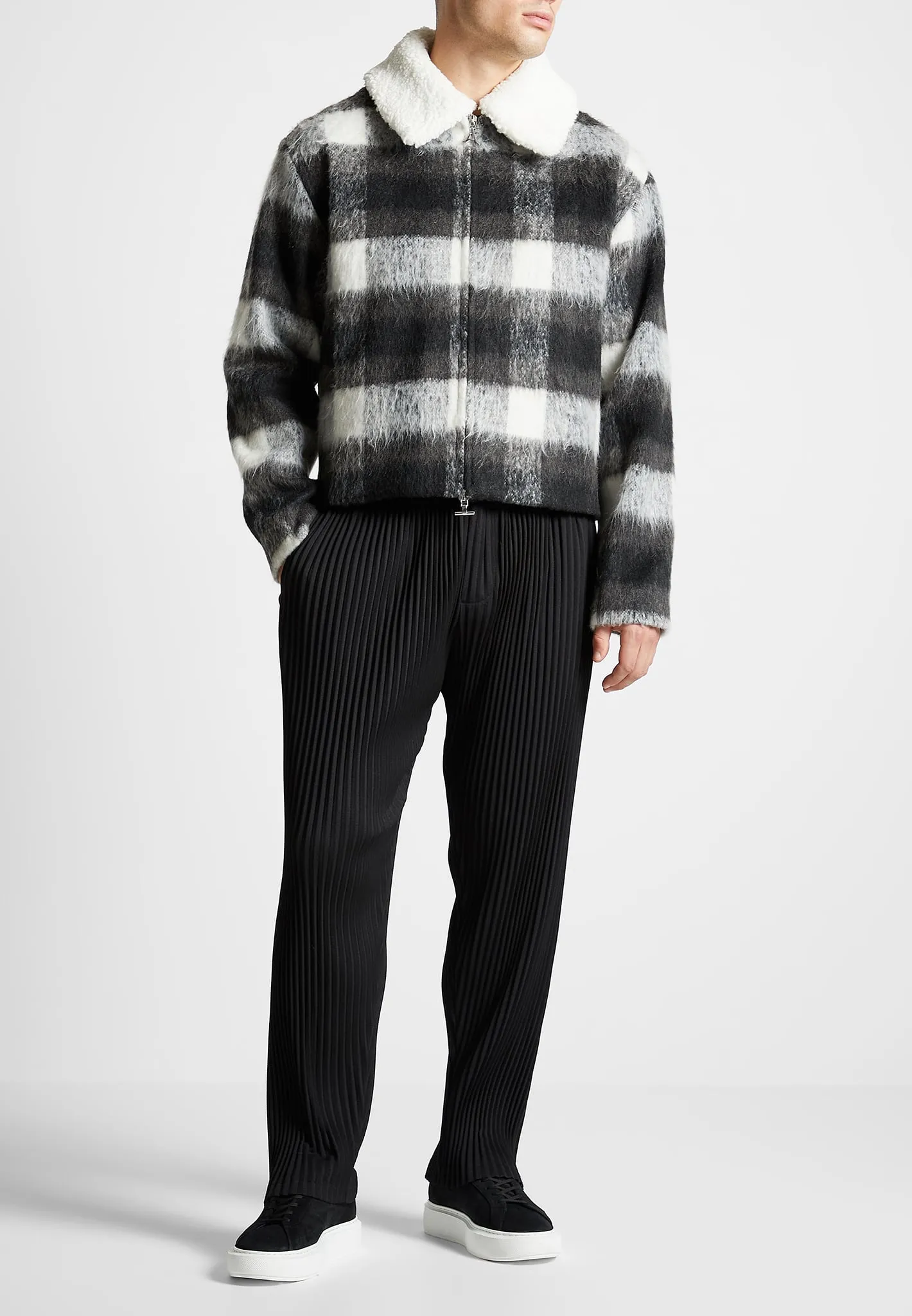 Boxy Check Jacket With Borg Collar - Black/White