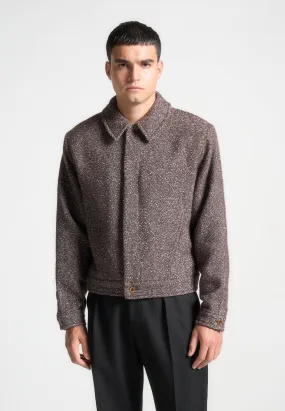 Boxy Herringbone Wool Blend Jacket - Brown