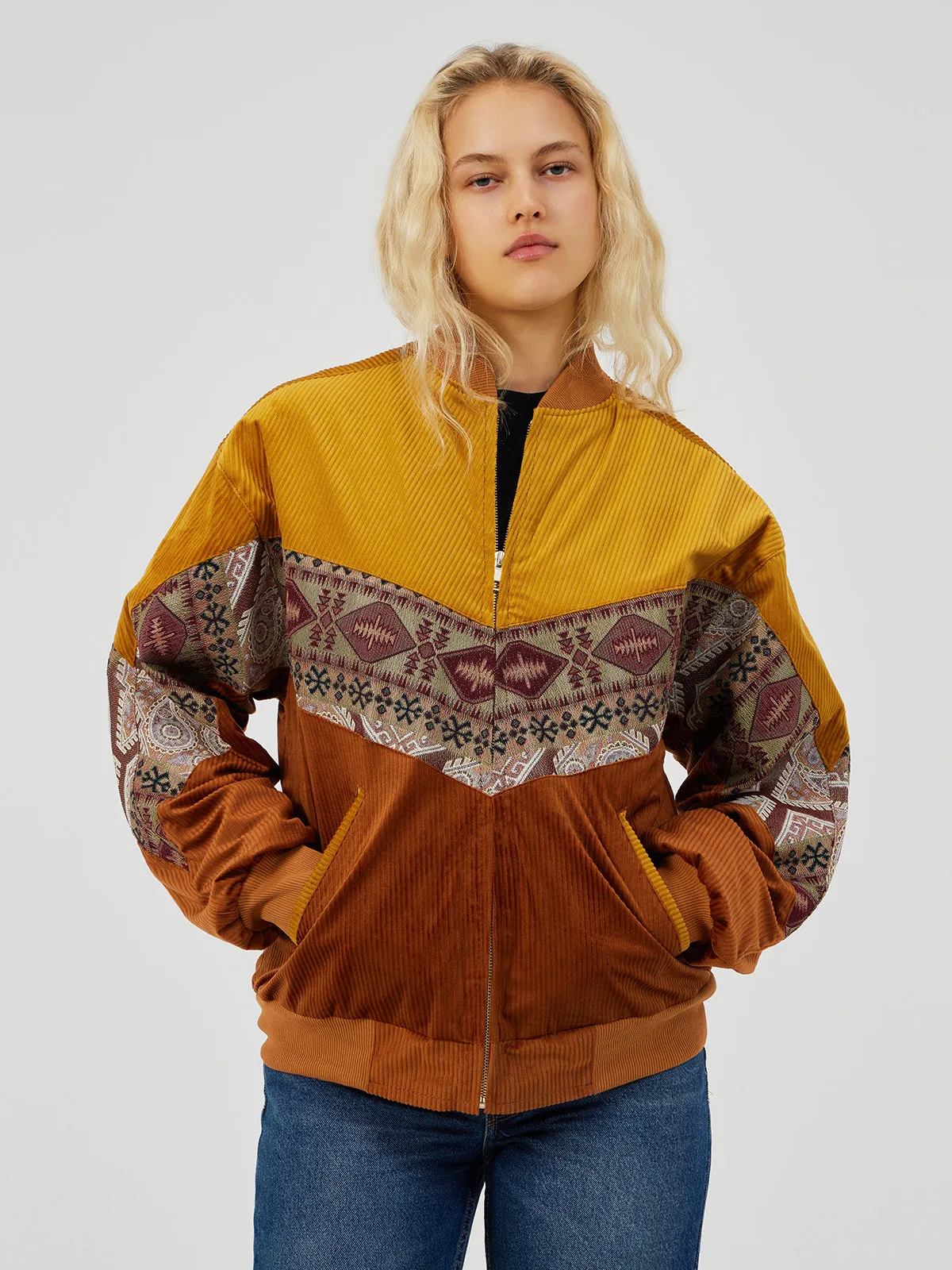 BROWN & YELLOW UNISEX BOMBER JACKET S