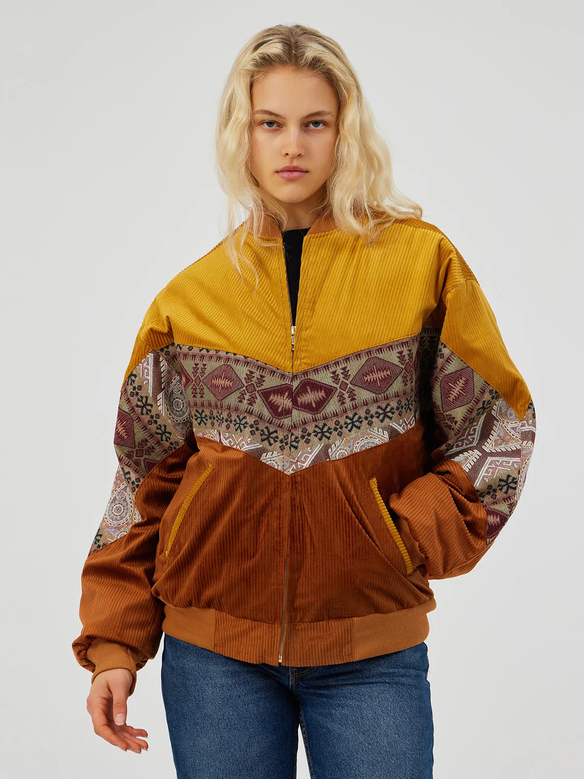 BROWN & YELLOW UNISEX BOMBER JACKET S