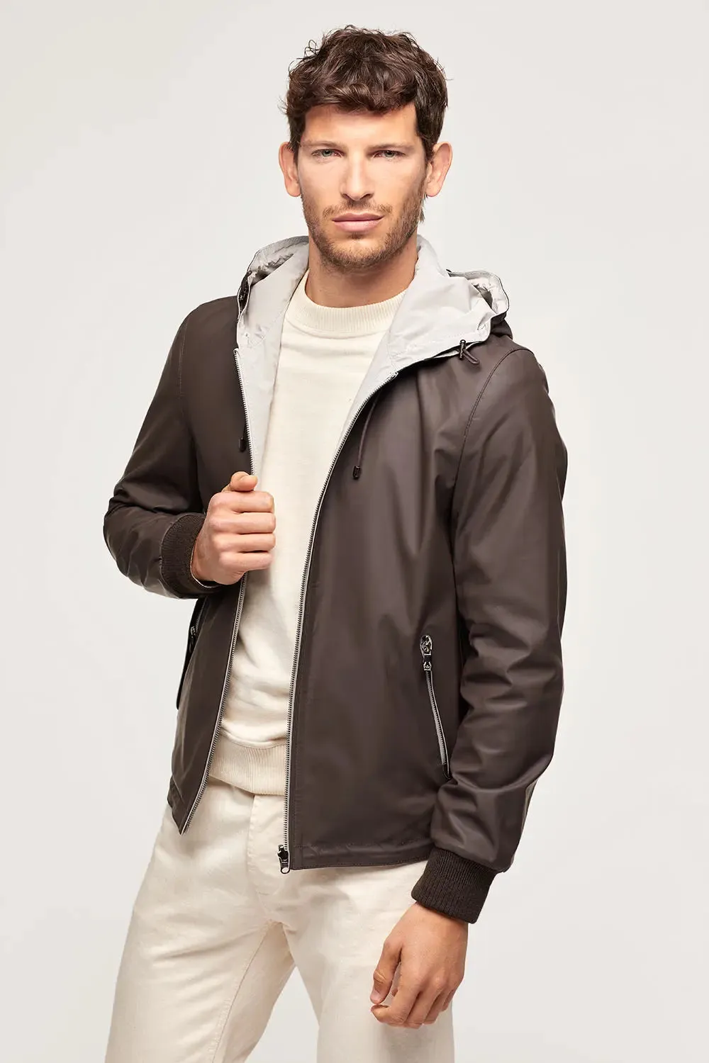 Brown leather jacket with hood