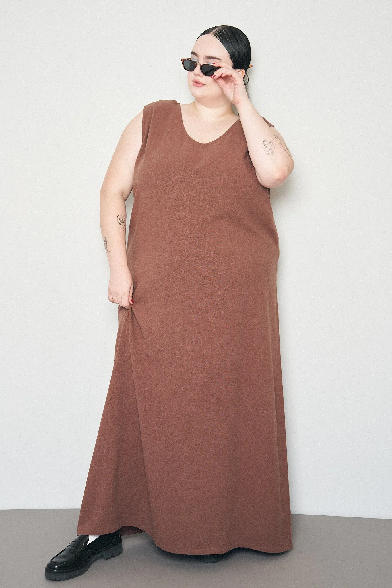 Brown Linen Shift Long Dress