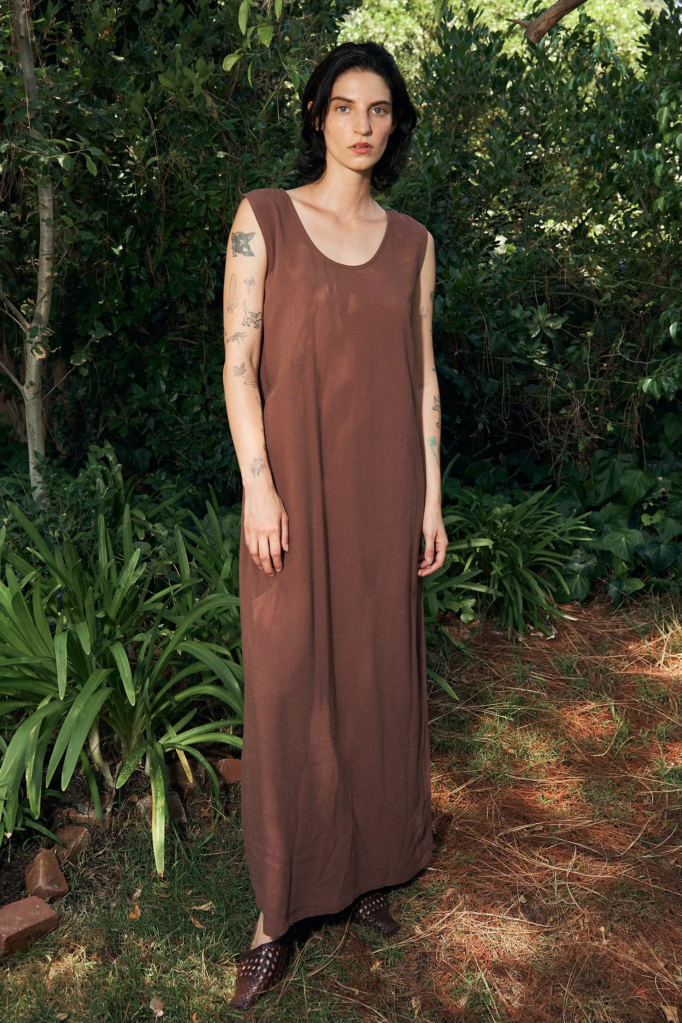 Brown Linen Shift Long Dress