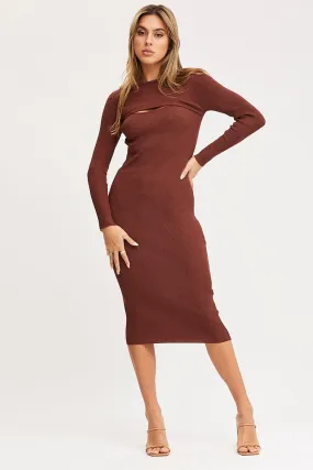 Brown Midi Dress Long Sleeve Bodycon Knit