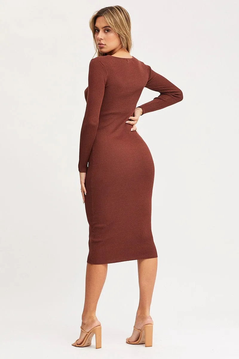 Brown Midi Dress Long Sleeve Bodycon Knit