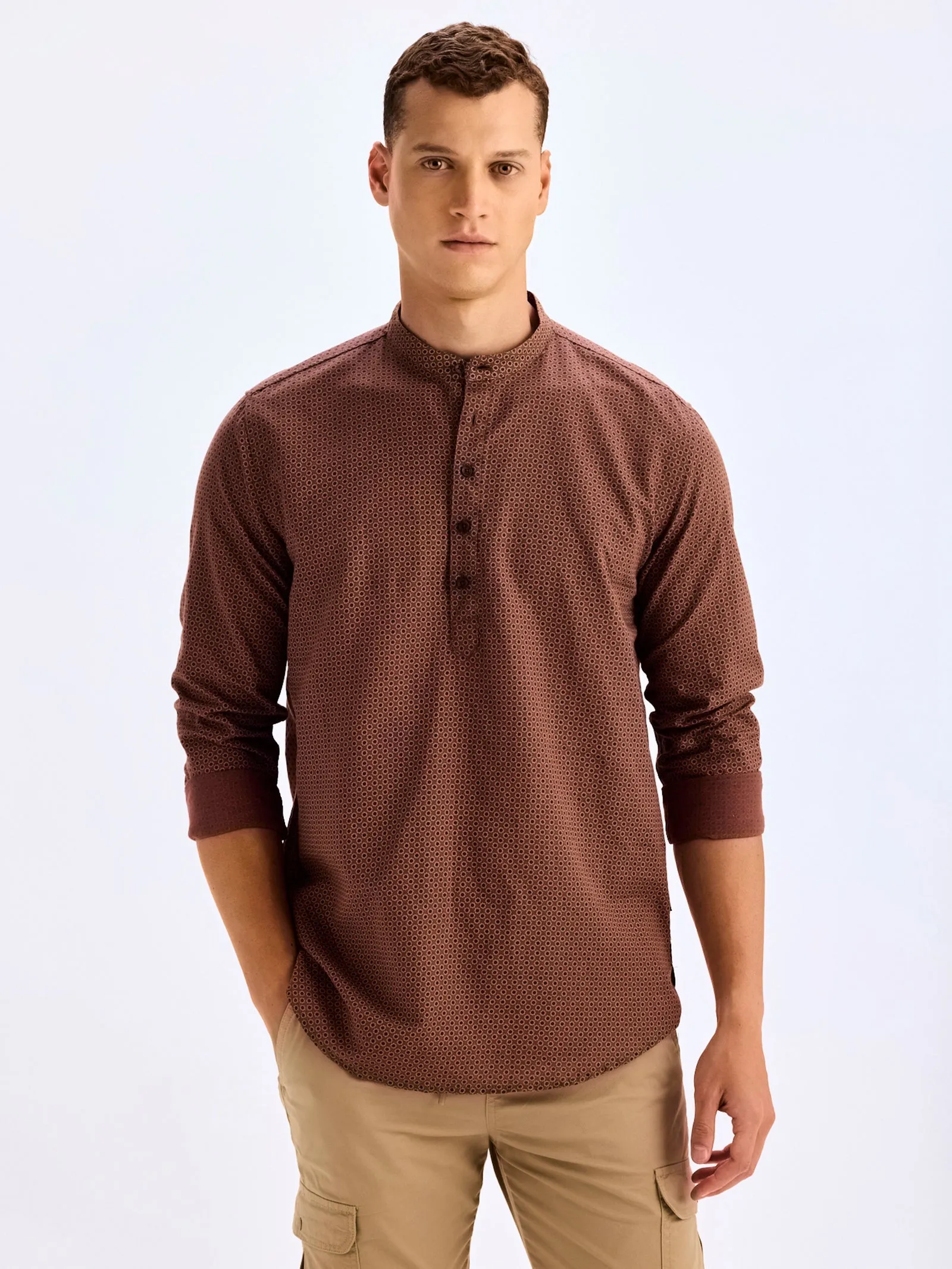 Brown Printed Linen Kurta