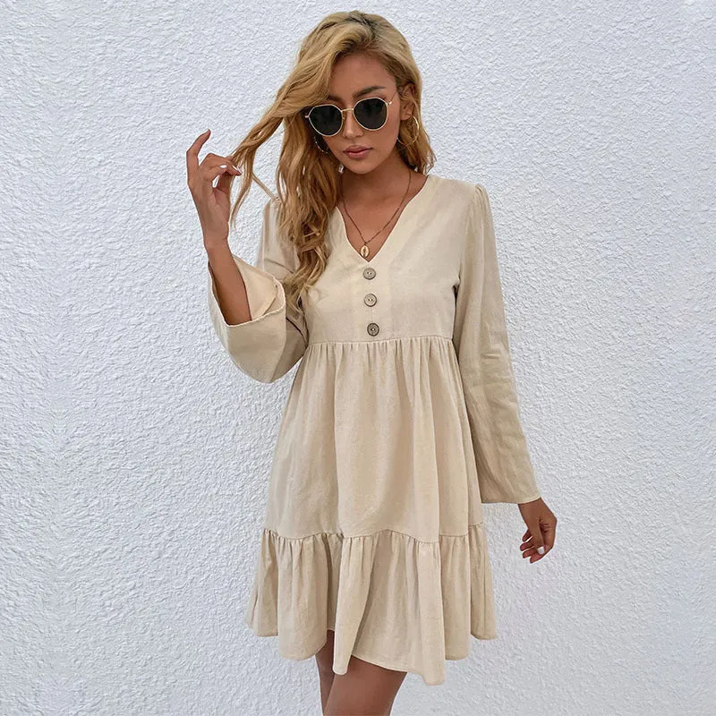 Button Flared Sleeves V Neck Cotton And Linen Dress Women Clothing Wholesale