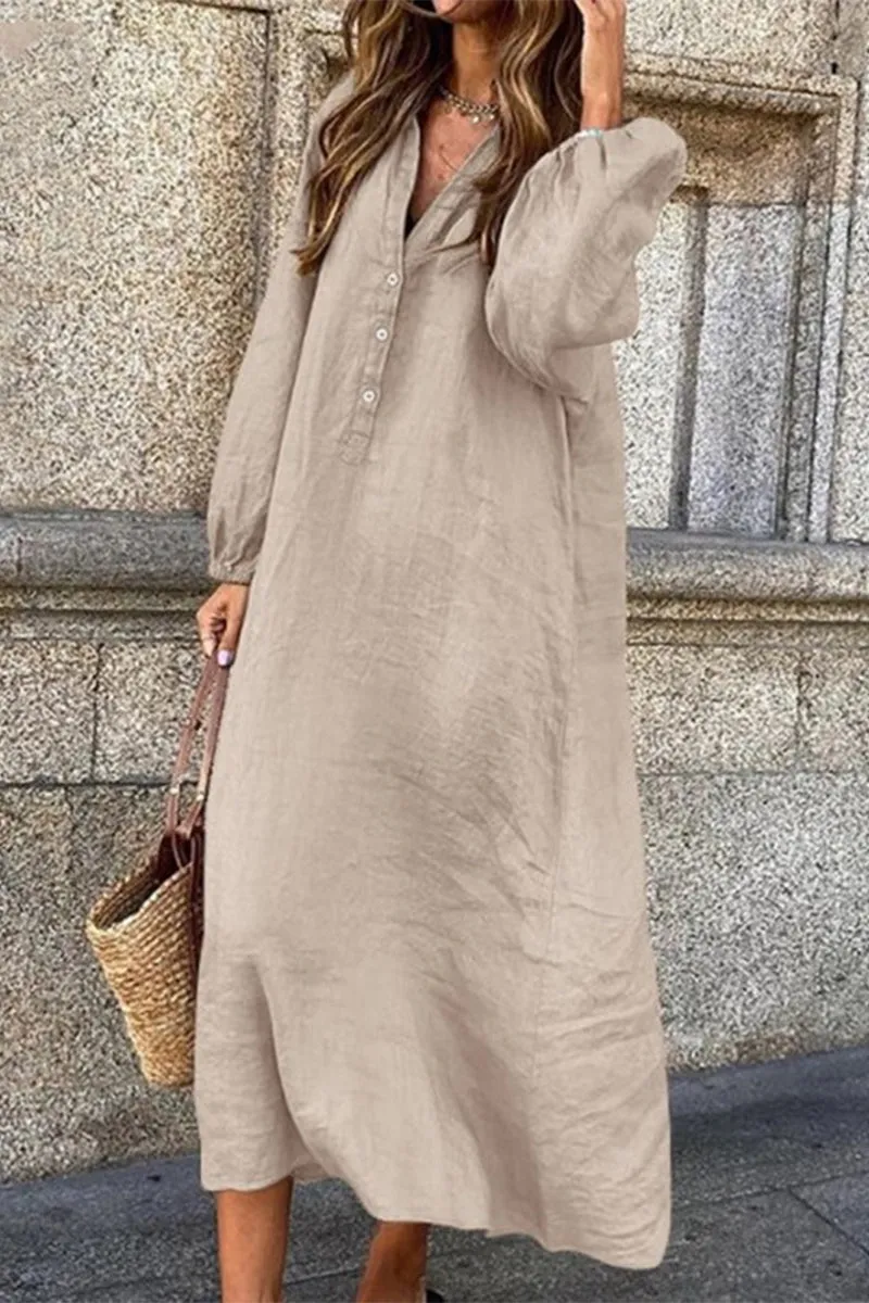 Casual Solid Buttons V Neck Long Sleeve Dresses