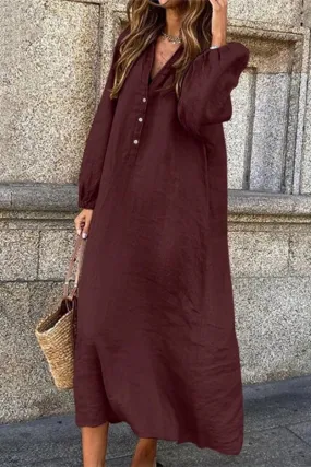 Casual Solid Buttons V Neck Long Sleeve Dresses