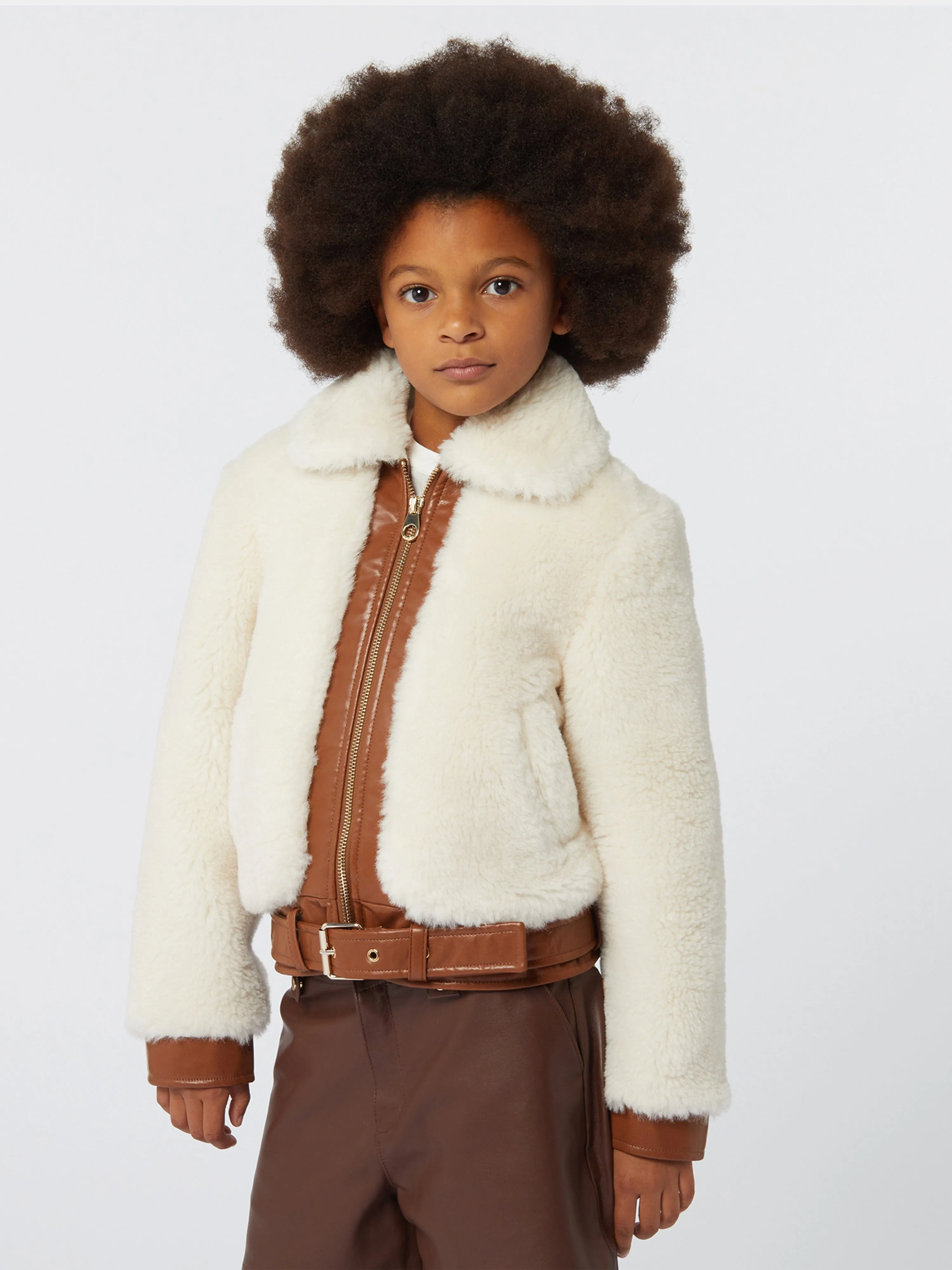 Chloé Girls Faux Shearling Jacket in Ivory