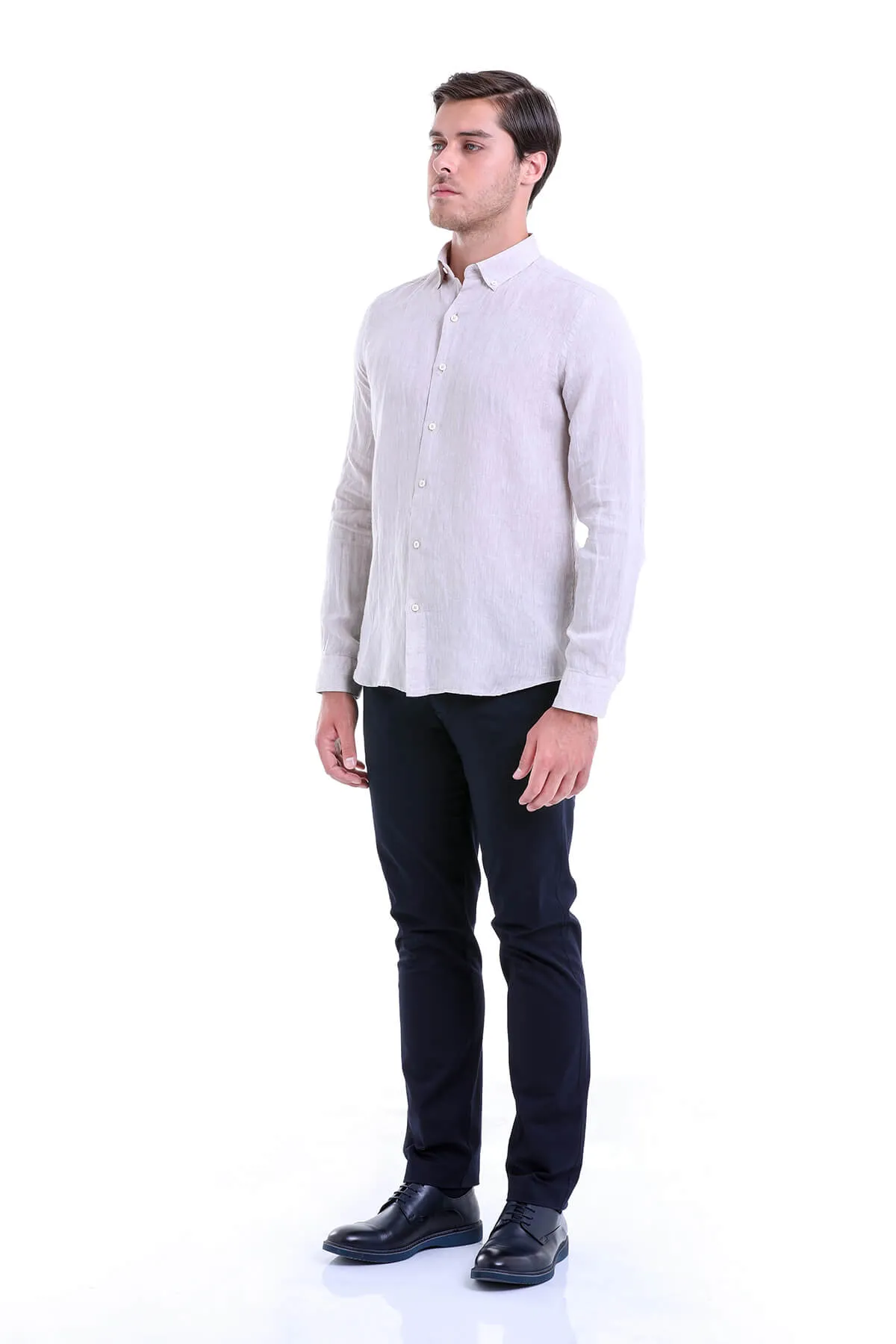 Comfort Fit Long Sleeve Linen Beige Casual Shirt