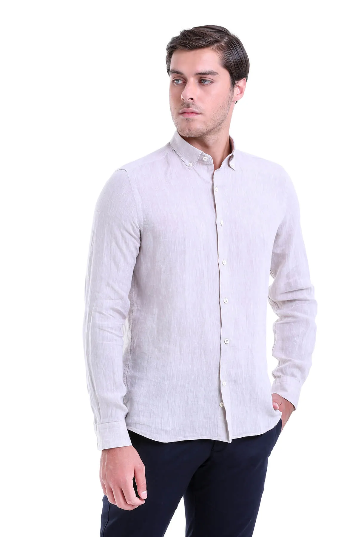 Comfort Fit Long Sleeve Linen Beige Casual Shirt