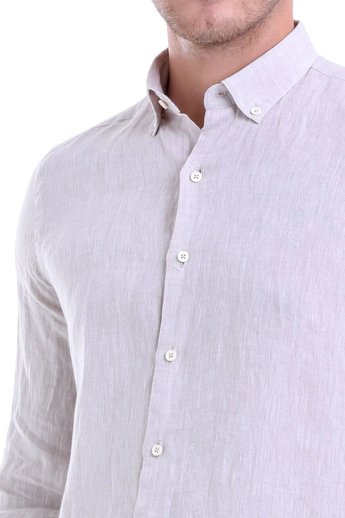 Comfort Fit Long Sleeve Linen Beige Casual Shirt