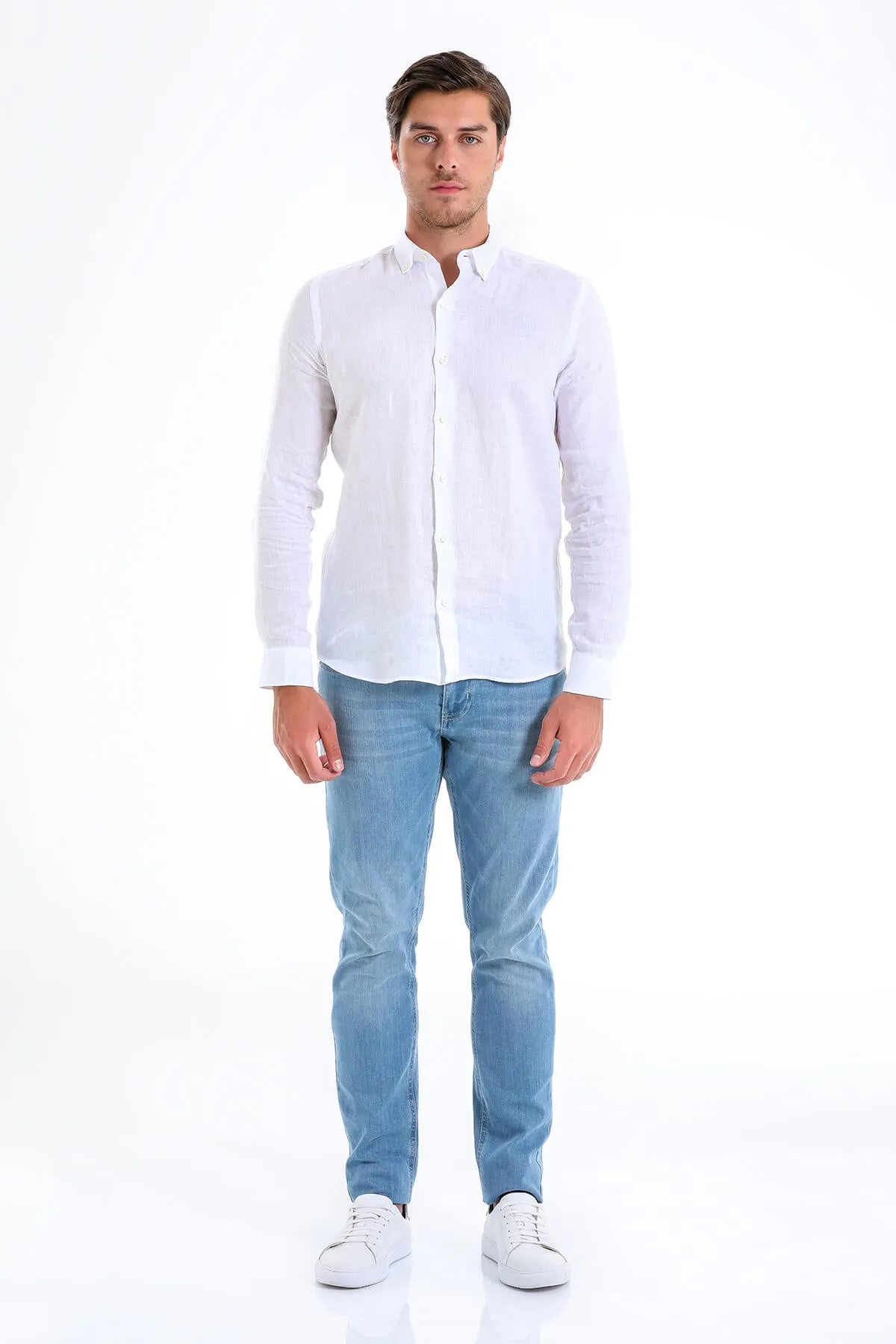 Comfort Fit Long Sleeve Linen White Casual Shirt