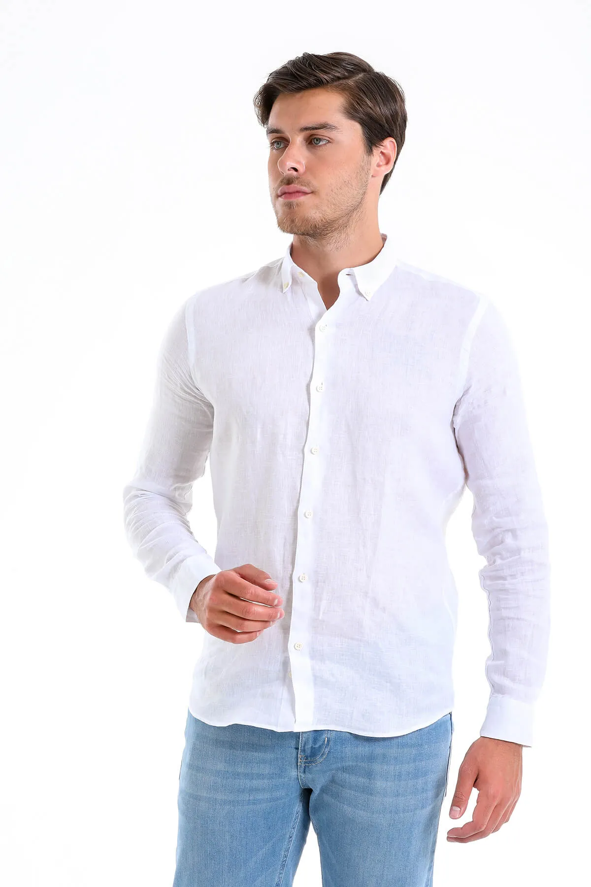 Comfort Fit Long Sleeve Linen White Casual Shirt