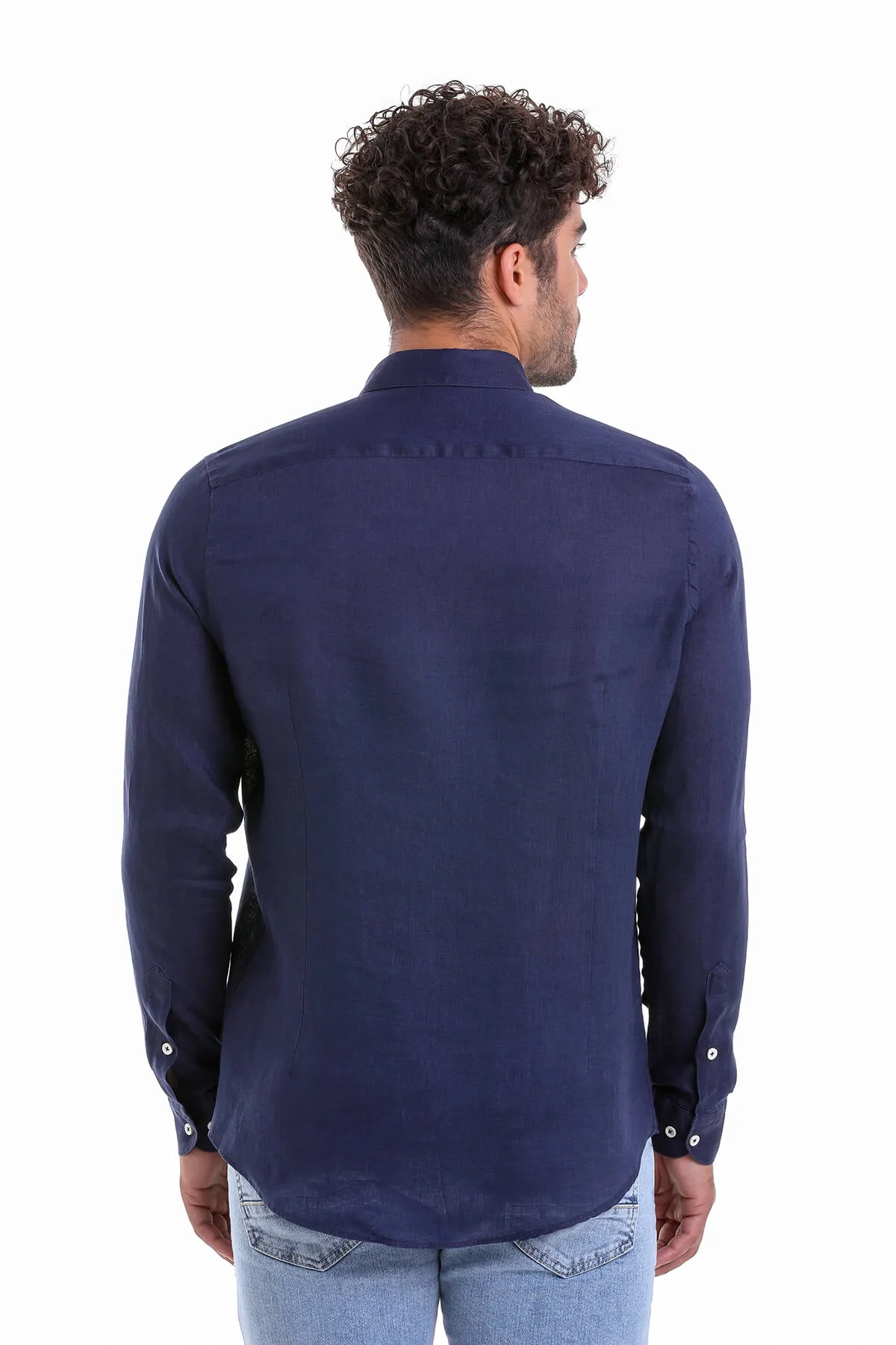 Comfort Fit Long Sleeve Plain Linen Casual Shirt, Navy