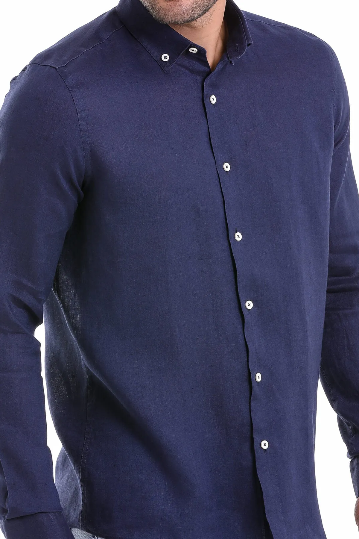 Comfort Fit Long Sleeve Plain Linen Casual Shirt, Navy