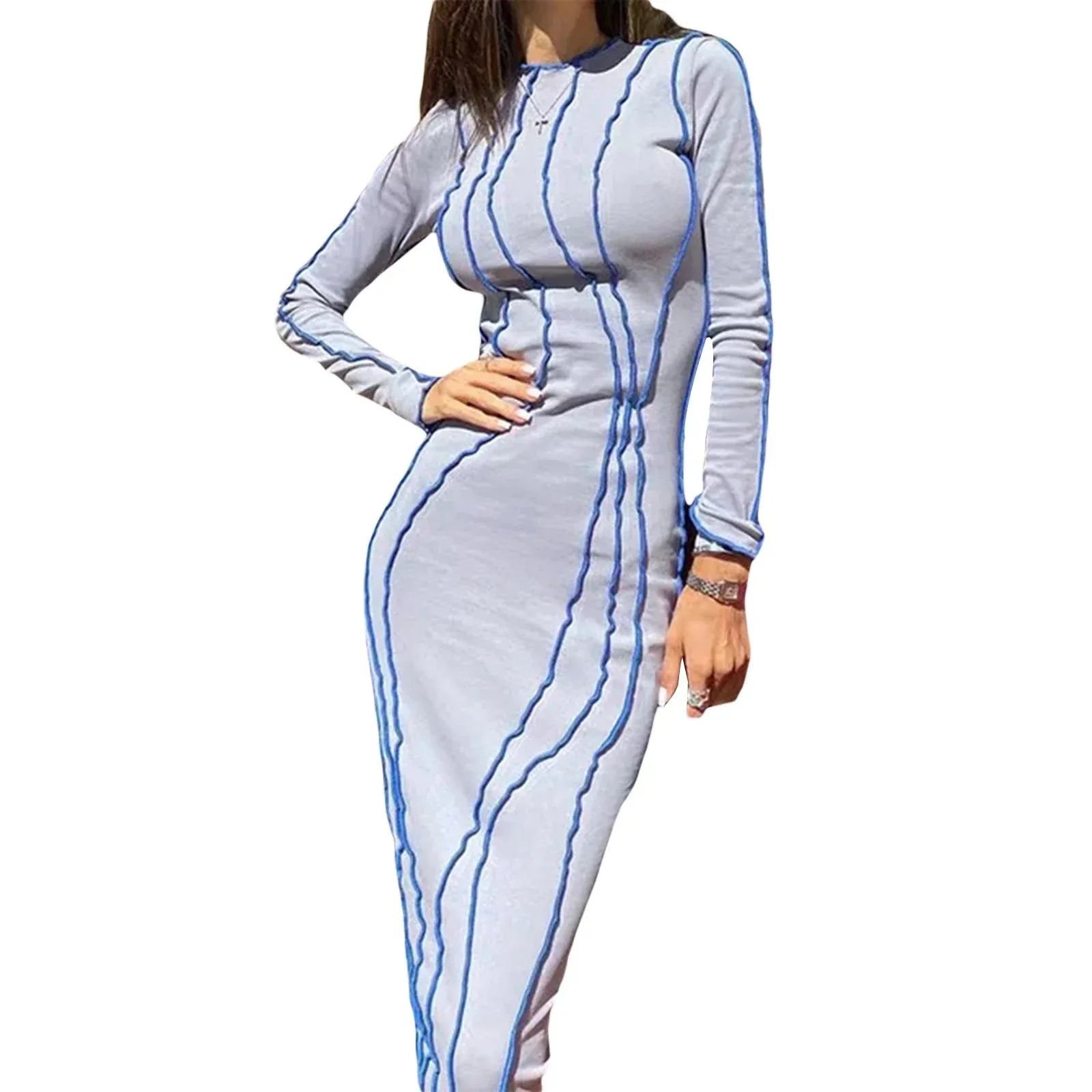 Crewneck Long Sleeve Maxi Fall Spring Trendy Patchwork Long Bodycon Party Club Casual Y2K Dress