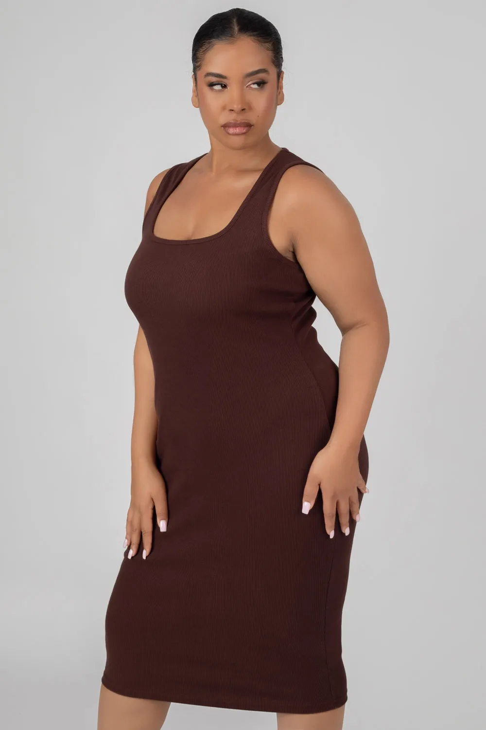 Curve Bodycon Scoop Neck Midi Dress Chocolate