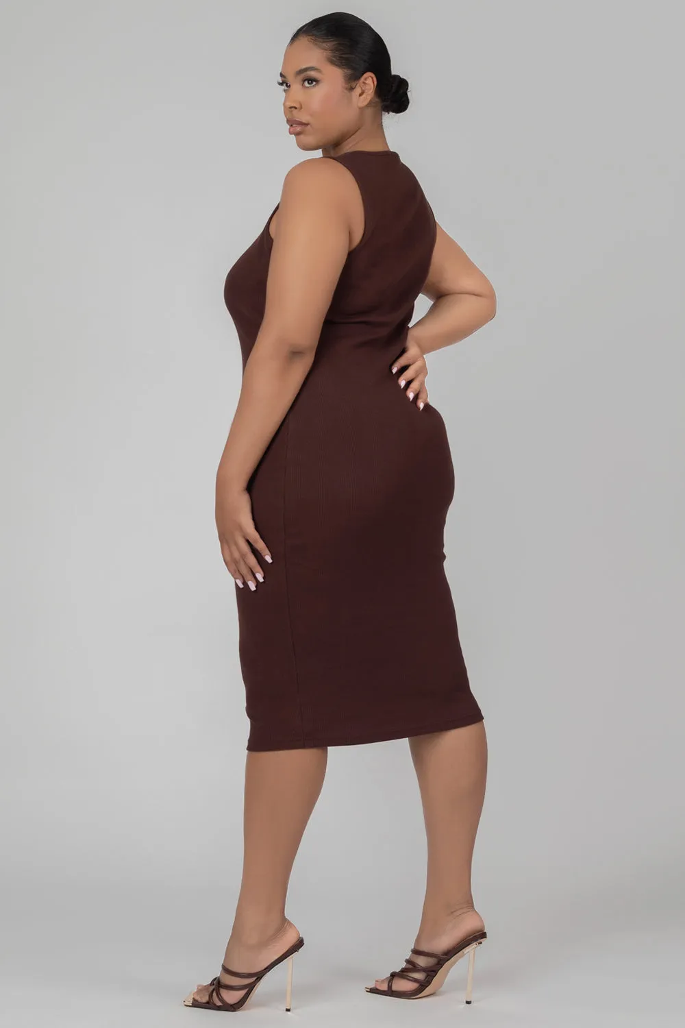 Curve Bodycon Scoop Neck Midi Dress Chocolate