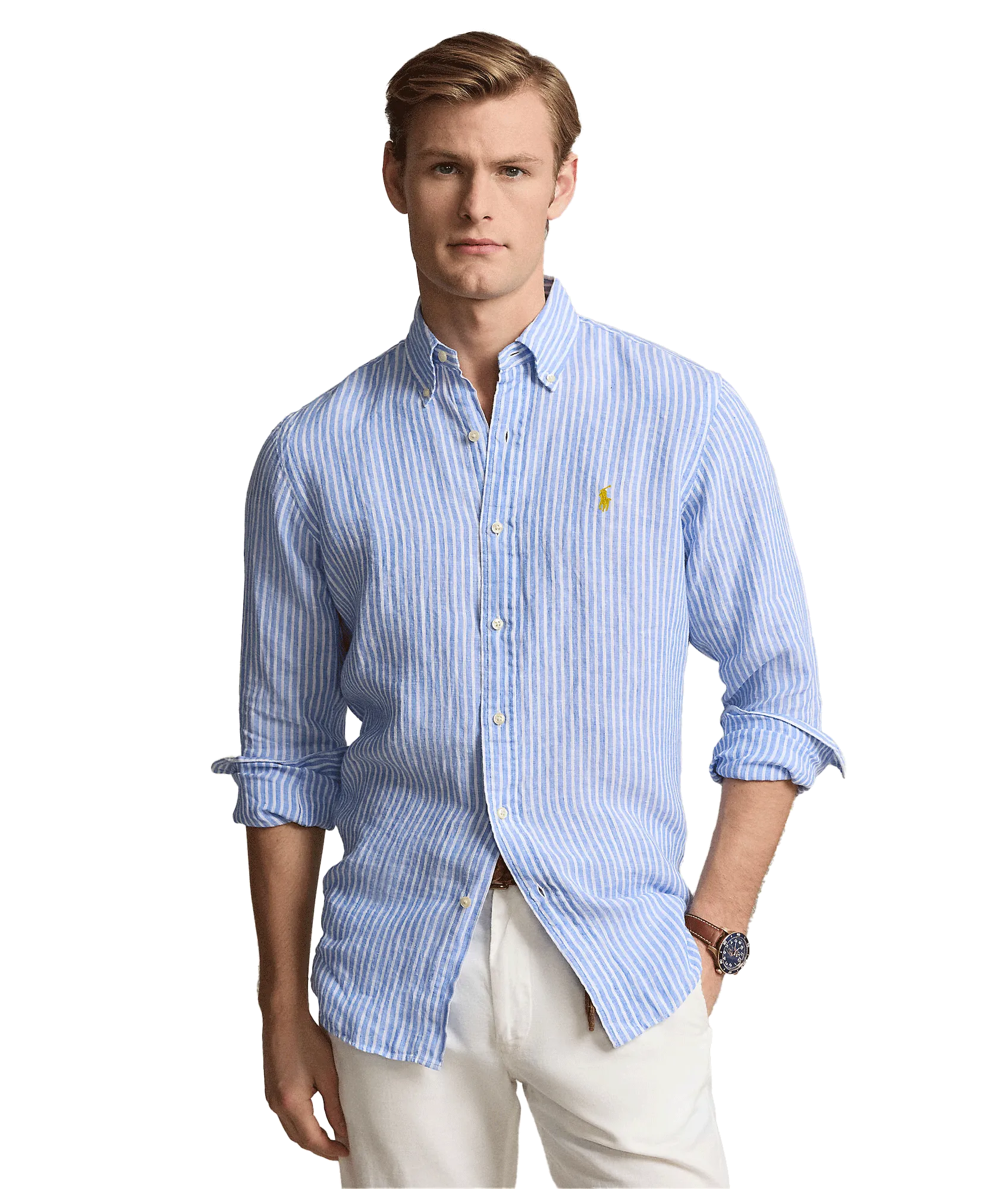 Custom Fit Striped Linen Shirt - Blue