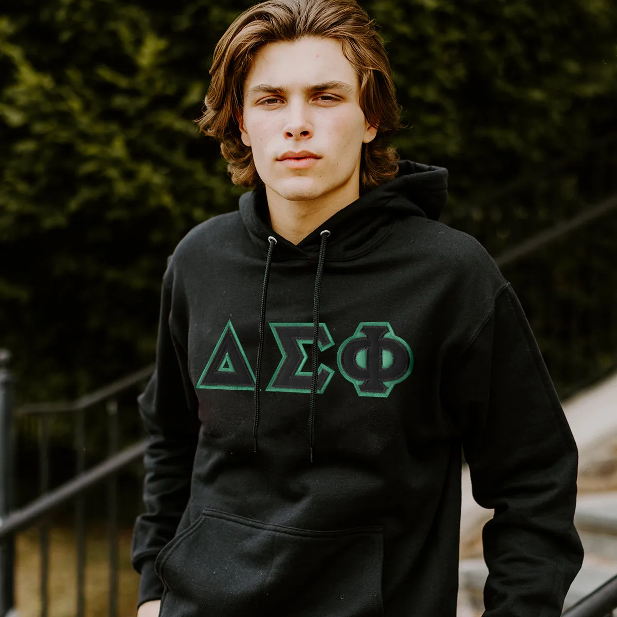 Delta Sig Black Hoodie with Black Sewn On Letters