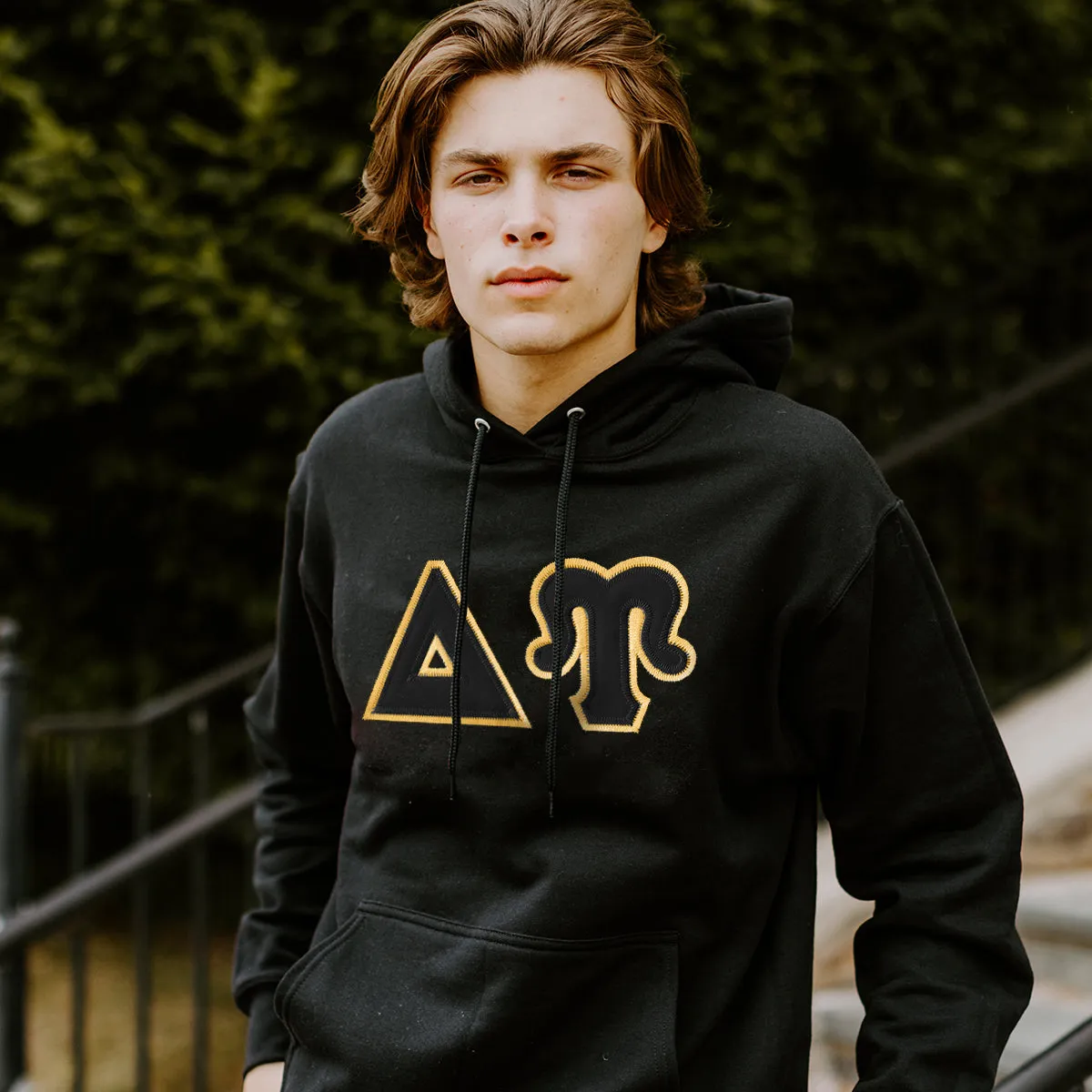 Delta Upsilon Black Hoodie with Black Sewn On Letters