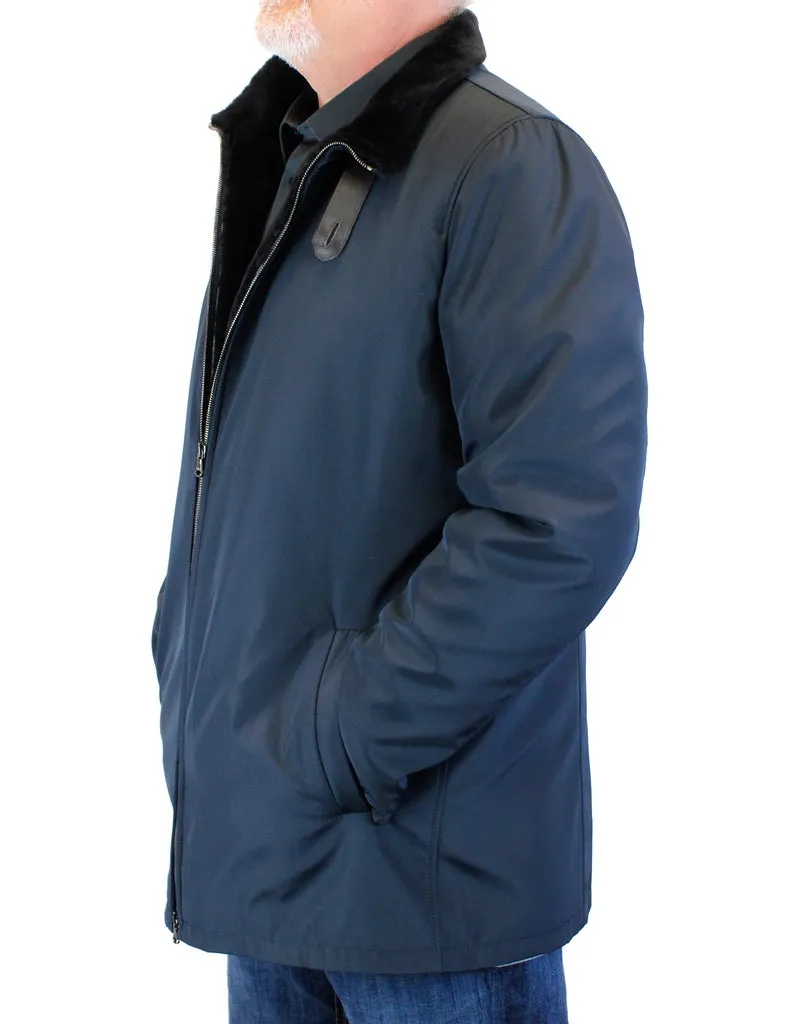 DI BELLO - MEN'S NAVY BLUE MERINO SHEARLING-LINED RAIN JACKET, RAINCOAT