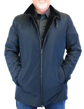 DI BELLO - MEN'S NAVY BLUE MERINO SHEARLING-LINED RAIN JACKET, RAINCOAT