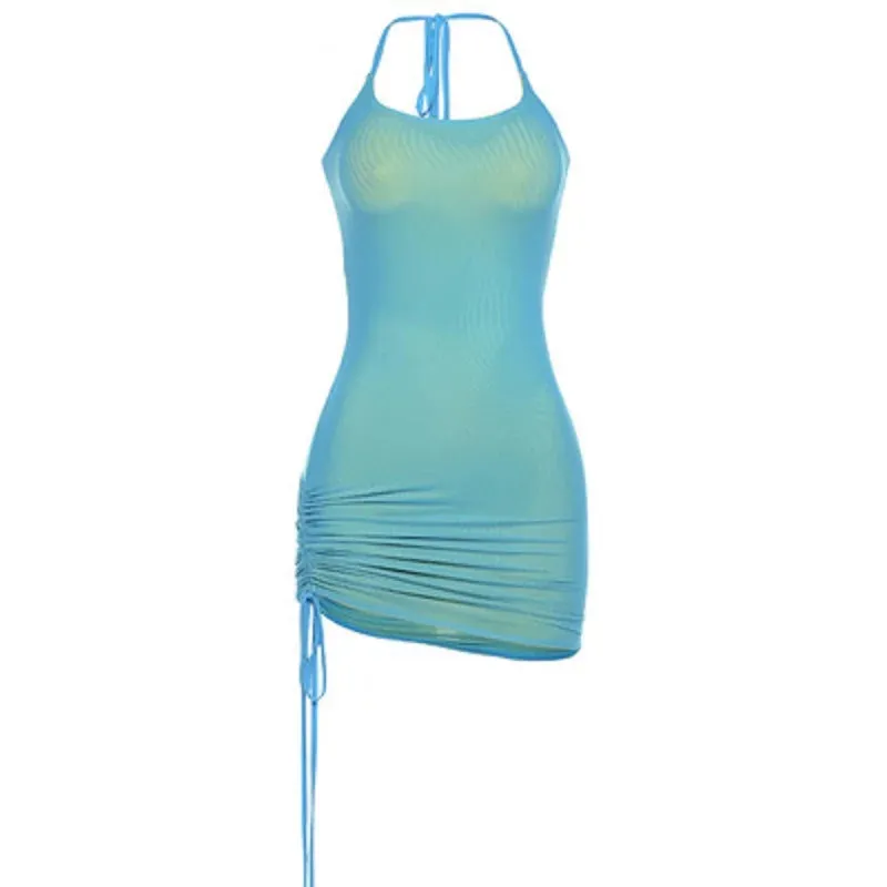 Drawstring Strap Sleeveless Halter Bodycon Mini Dress - Summer 2024