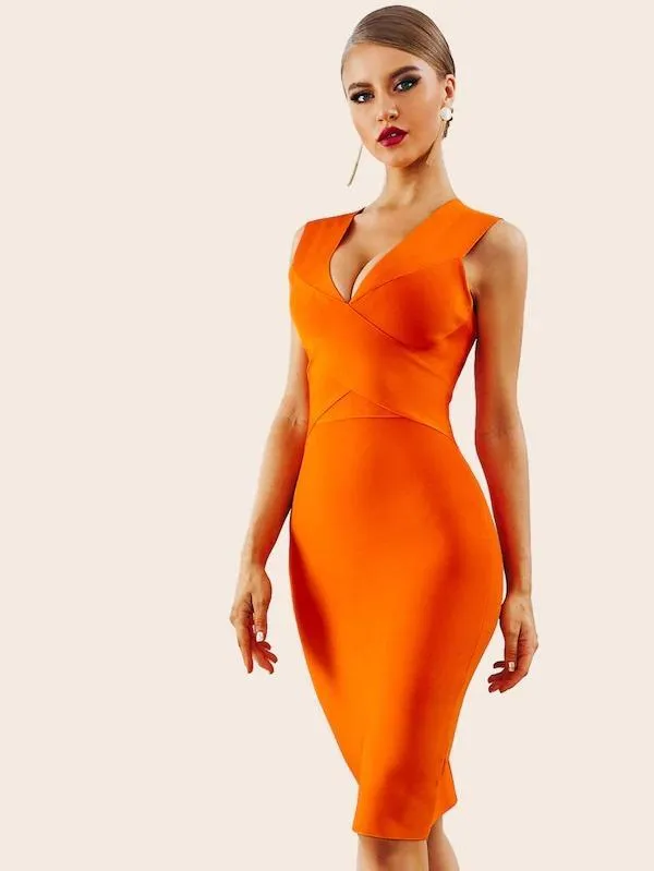 Dunnmall Adyce Neon Orange Plunge Neck Bandage Dress