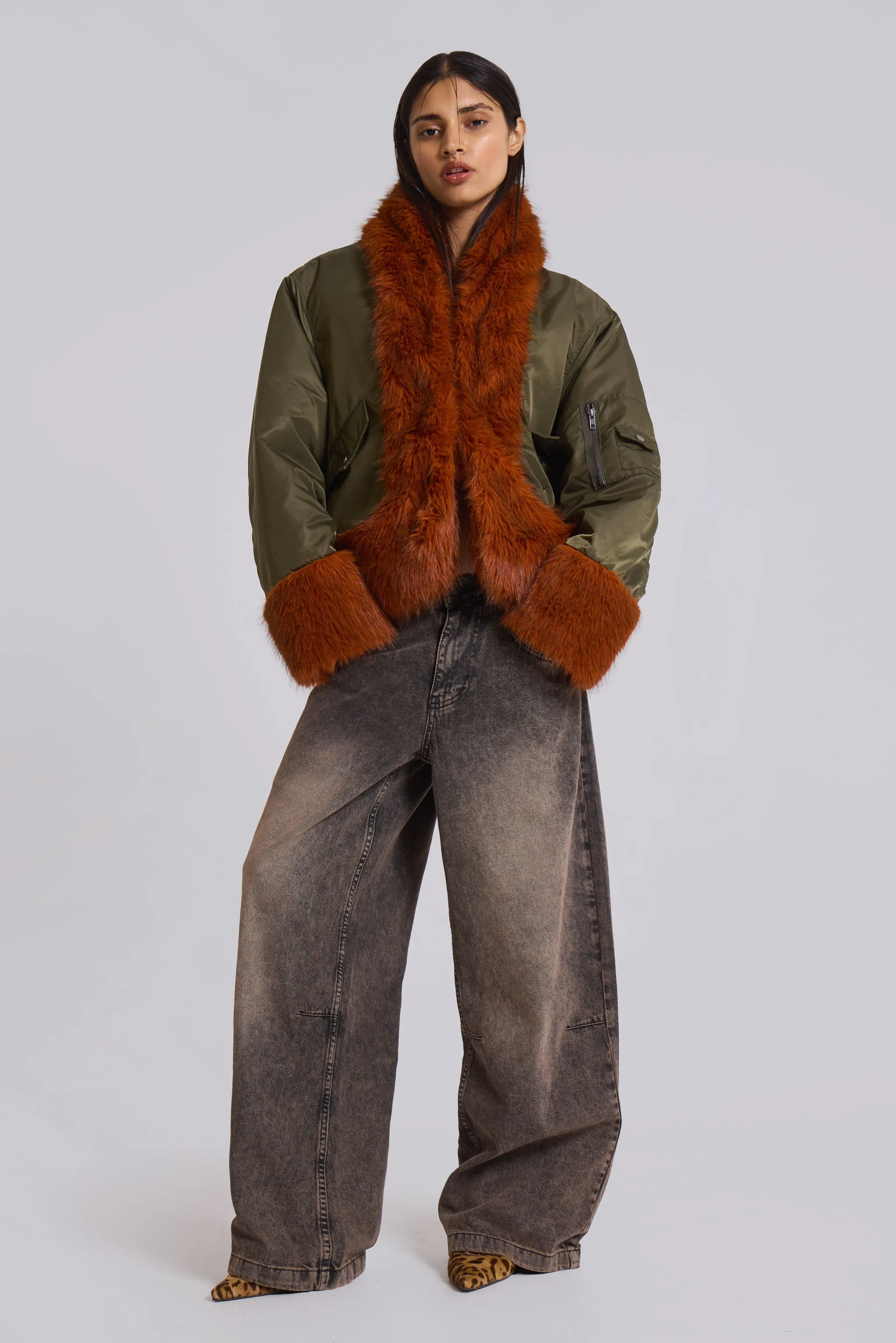 Evren Faux Fur Bomber Jacket in Khaki