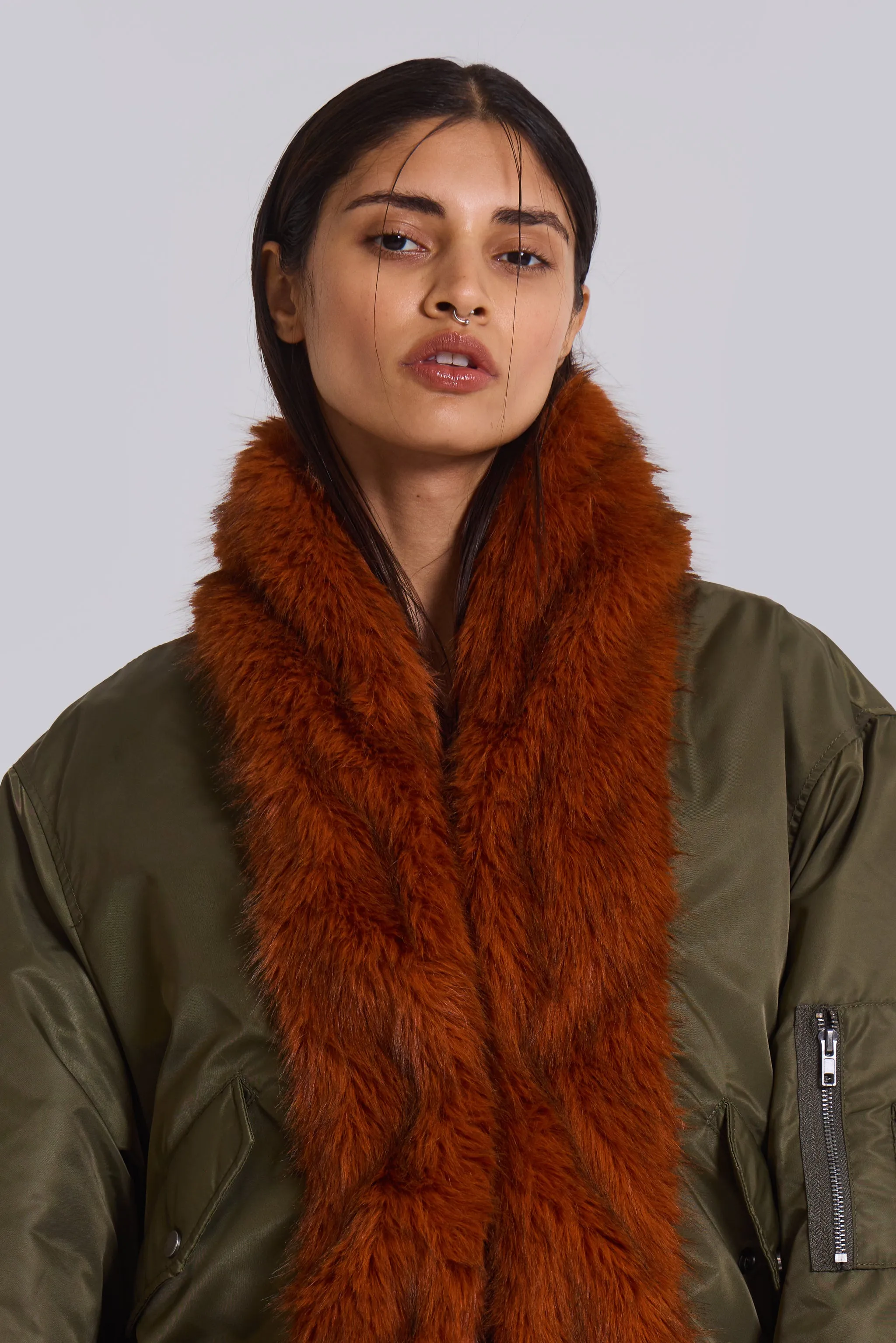 Evren Faux Fur Bomber Jacket in Khaki