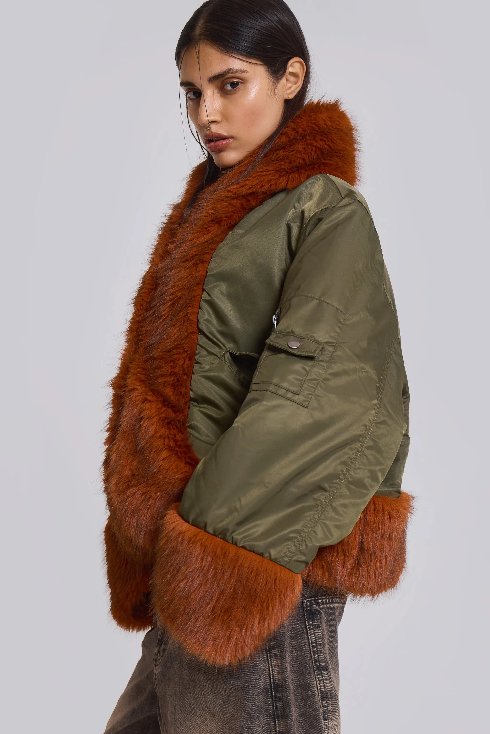 Evren Faux Fur Bomber Jacket in Khaki