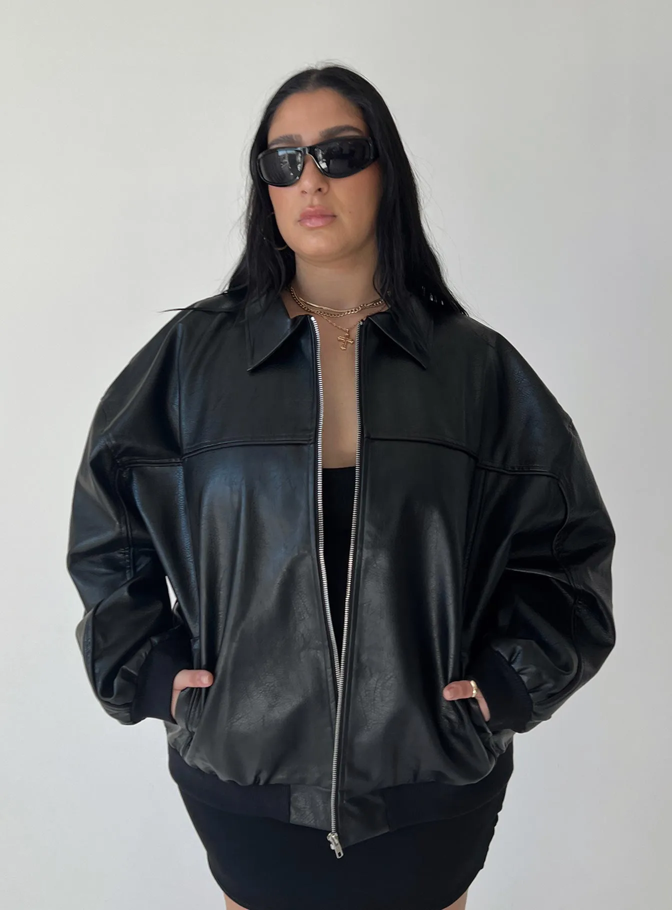 Fashionkova Goldsmith PU Bomber Jacket Black Curve