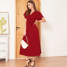 FashionSierra - Summer New Women's Fashion Solid Color Waist Temperament Feminine Long Over-the-knee Suit Collar Short-sleeved Stretch Dress