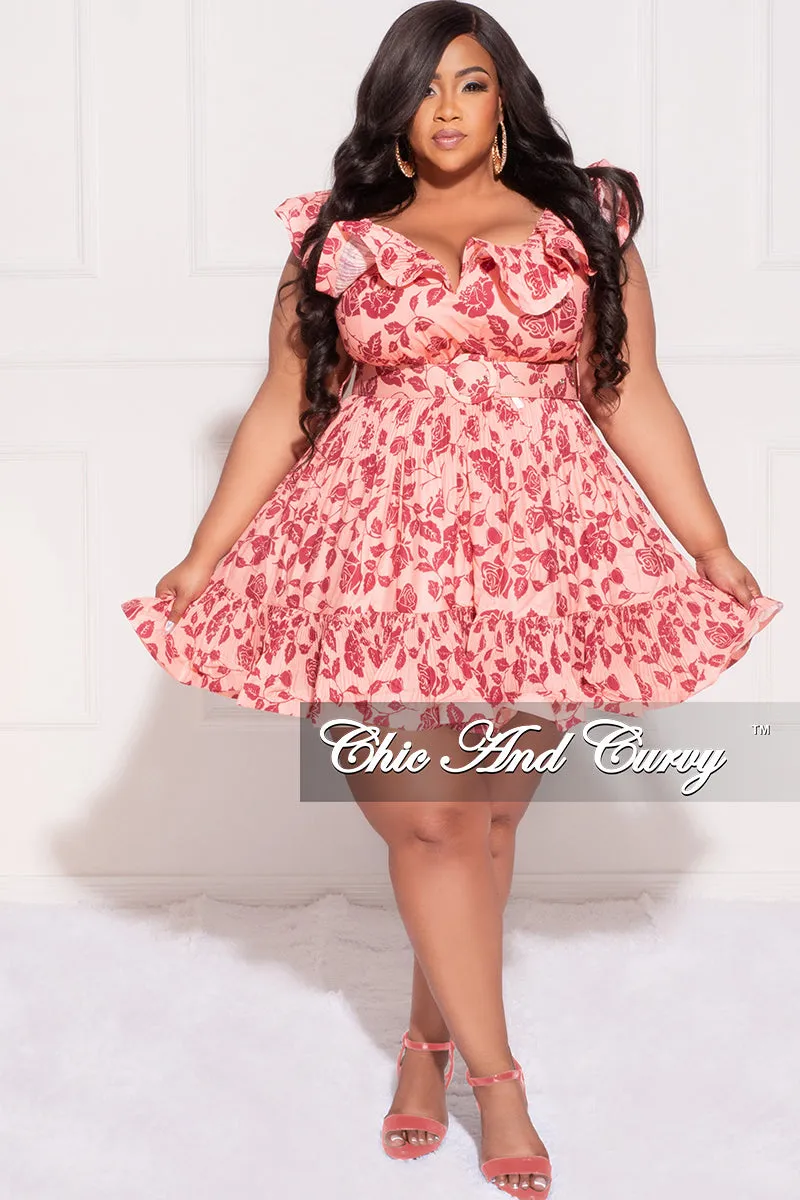 Final Plus Size Sleeveless SweetHeart Pleated Ruffle BabyDoll Dress with Waist Belt in Pink and Burgundy Rose Print