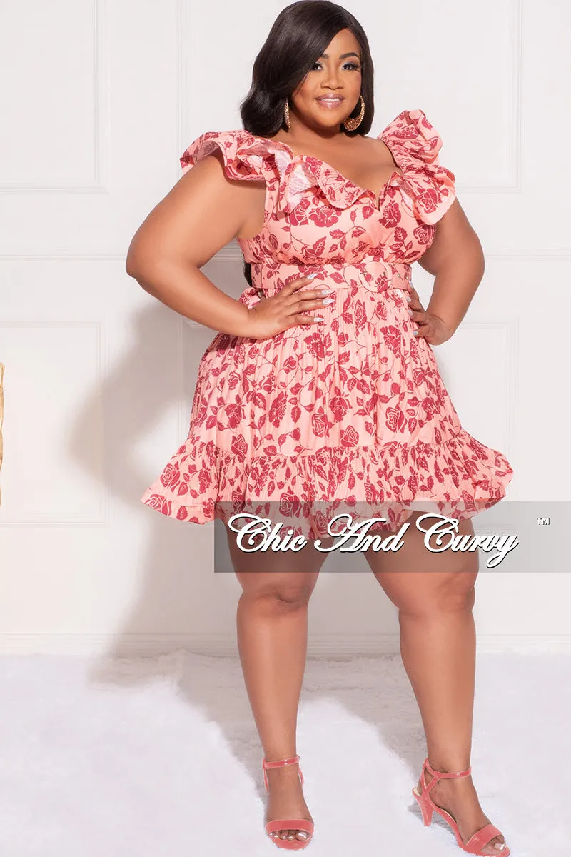 Final Plus Size Sleeveless SweetHeart Pleated Ruffle BabyDoll Dress with Waist Belt in Pink and Burgundy Rose Print