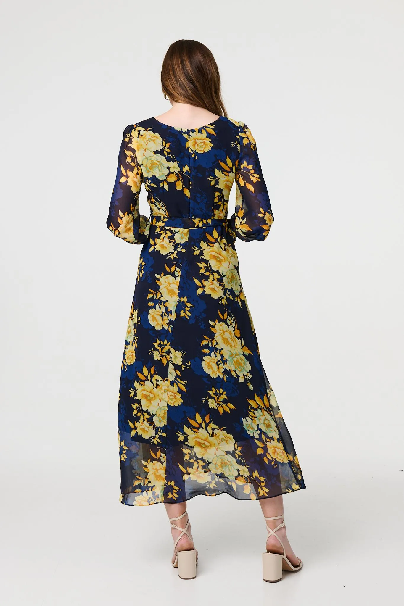 Floral Long Sleeve Chiffon Midi Dress