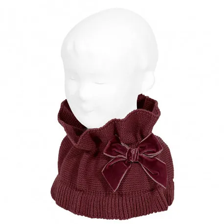 Garter Stitch Snood Scarf with Big Velvet Bow | Garnet