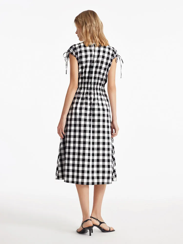 Gingham Single-Breasted Women Midi Dress