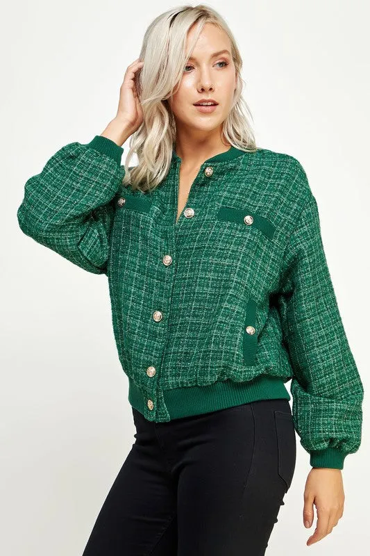 Green Metallic Tweed Bomber Jacket