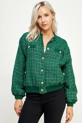 Green Metallic Tweed Bomber Jacket