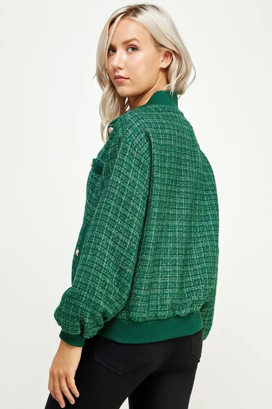 Green Metallic Tweed Bomber Jacket