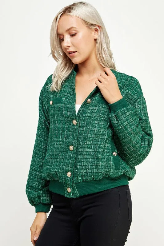 Green Metallic Tweed Bomber Jacket