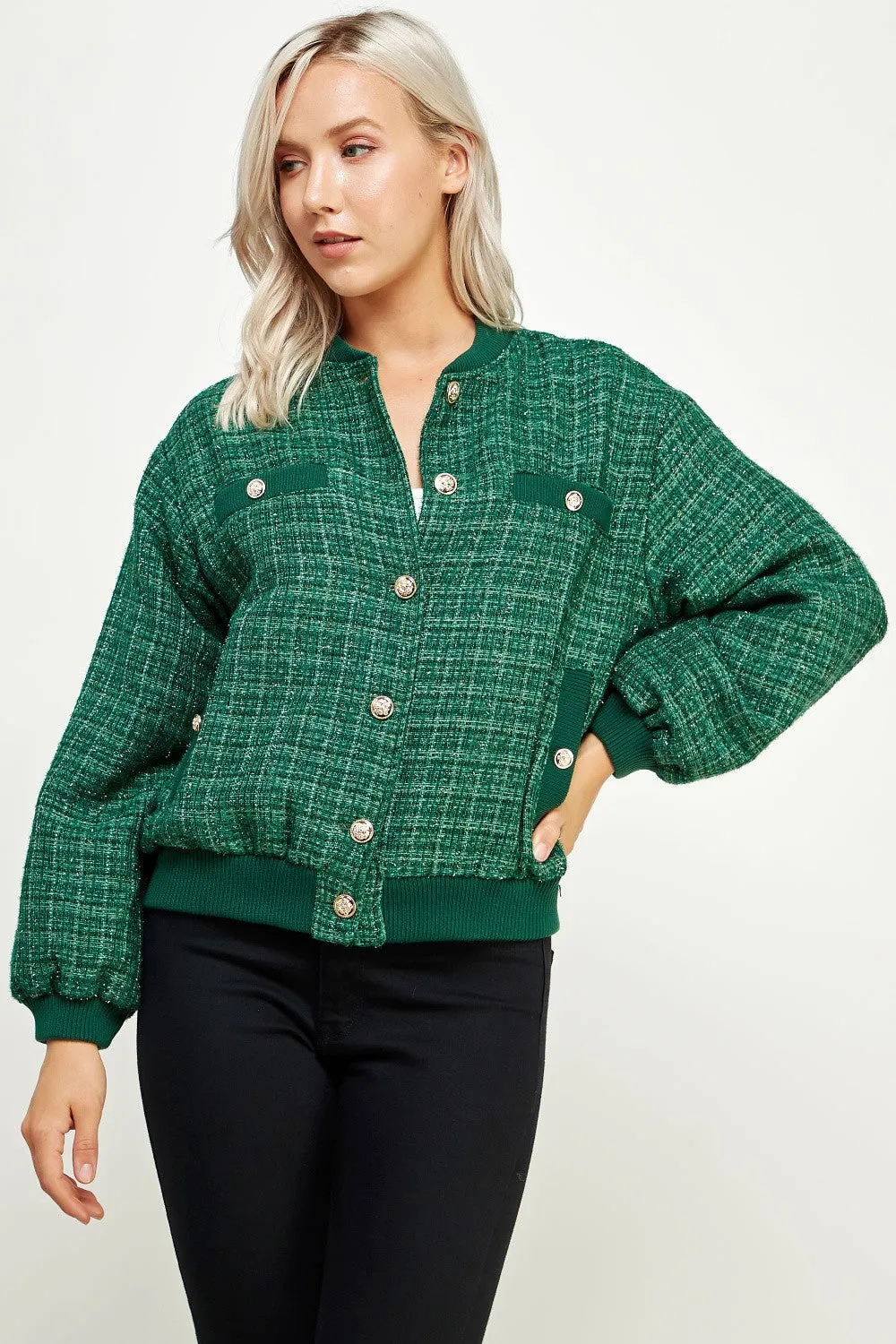 Green Metallic Tweed Bomber Jacket