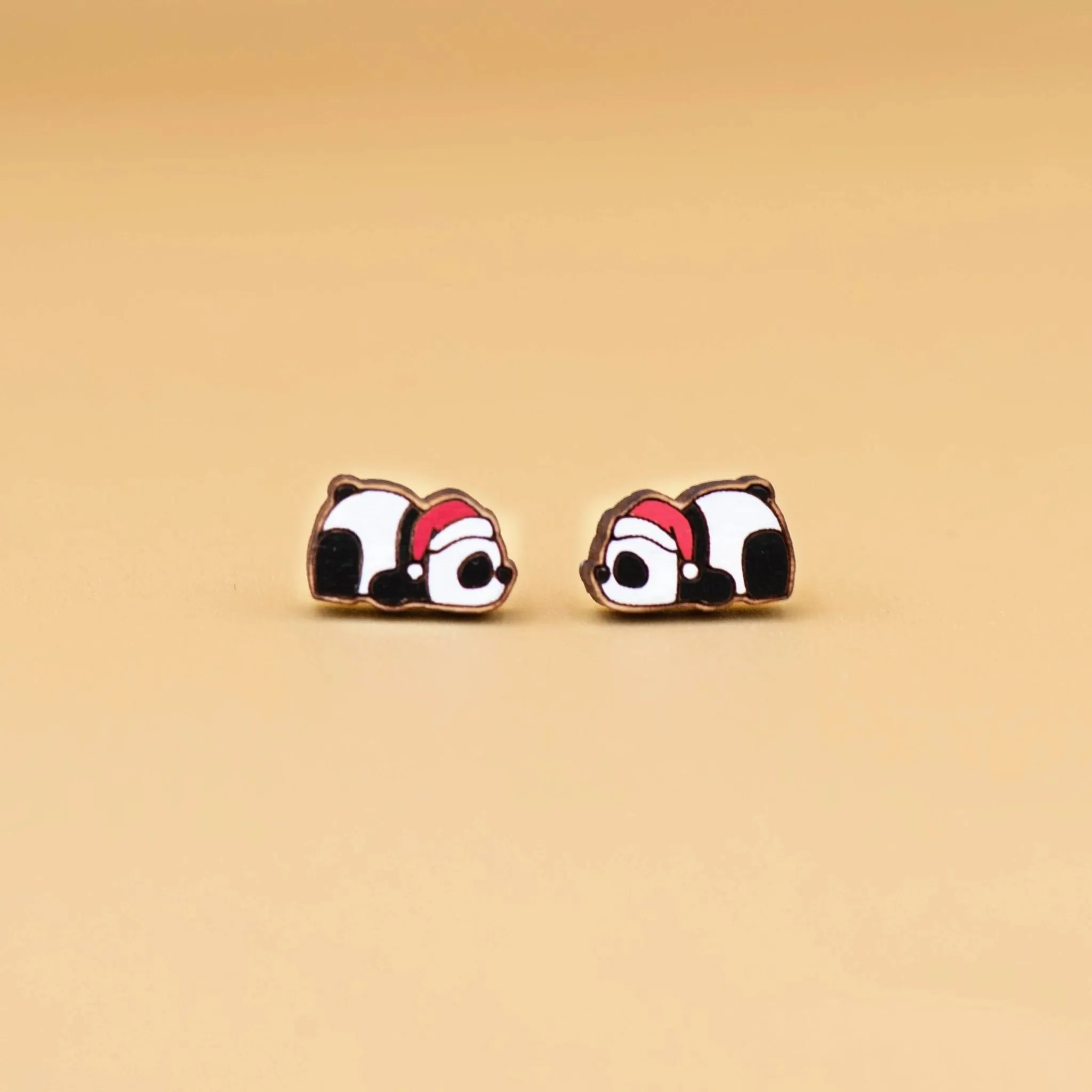 Hand-painted Wooden Earrings - Christmas Sleeping Panda