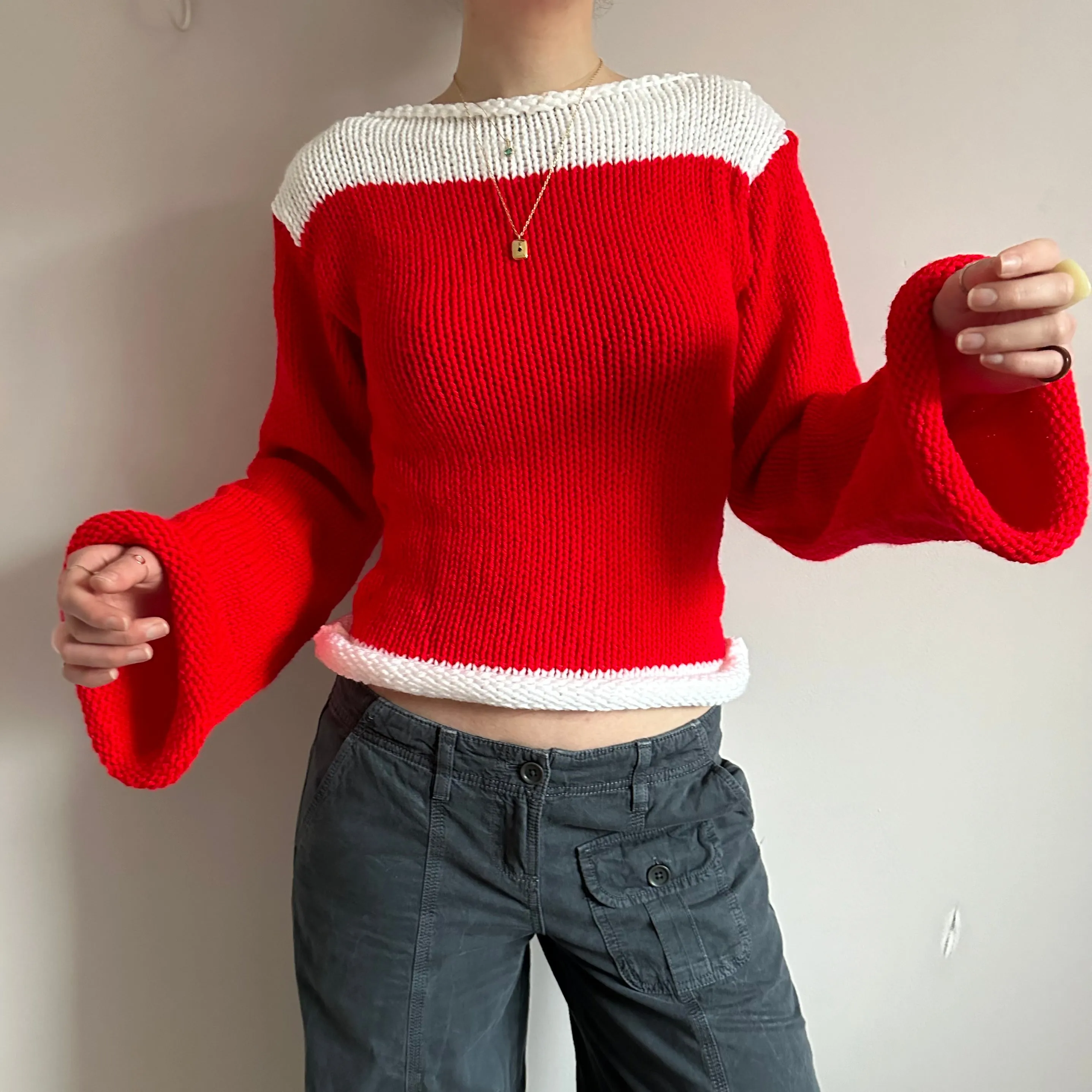 Handmade knitted colour block jumper in red and white