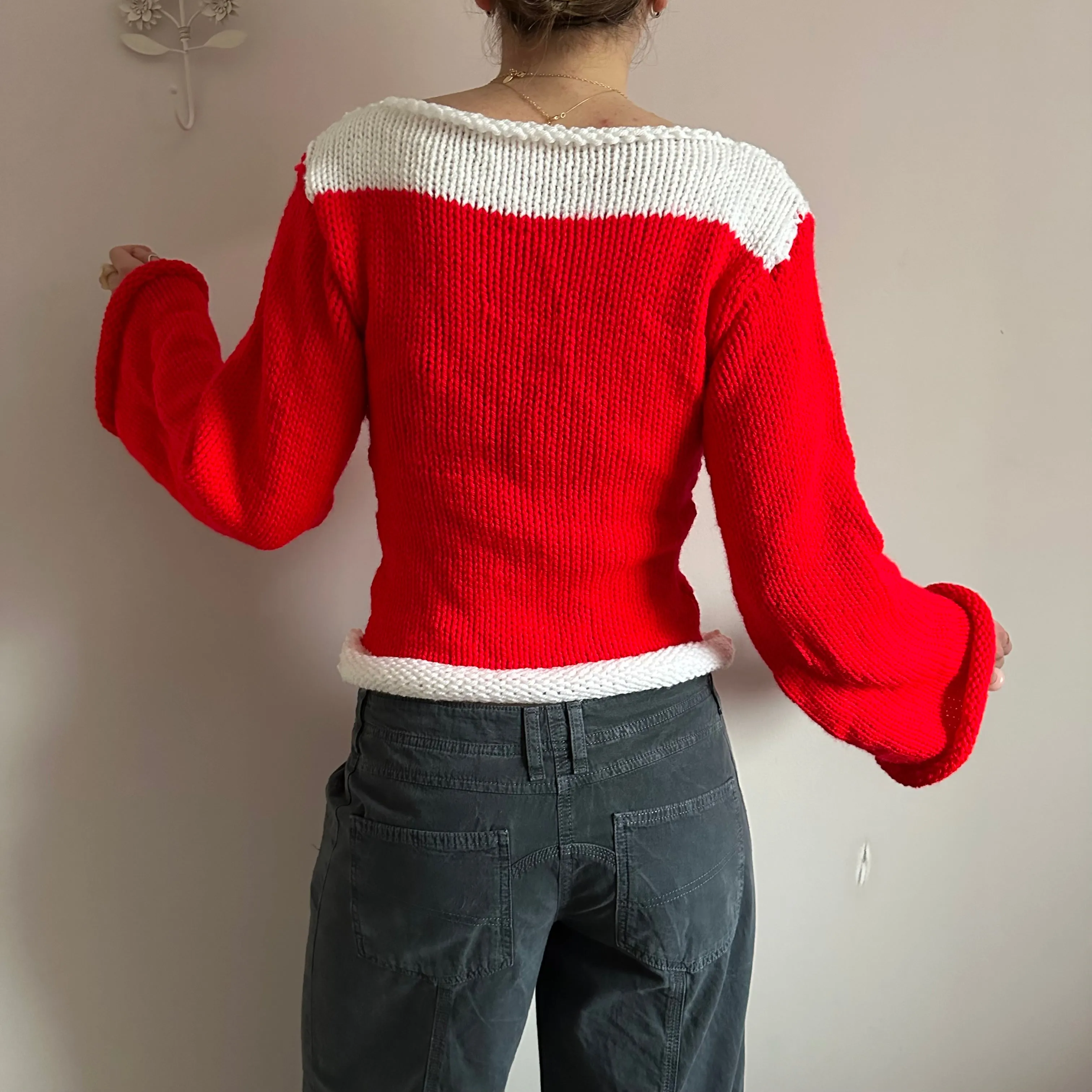 Handmade knitted colour block jumper in red and white