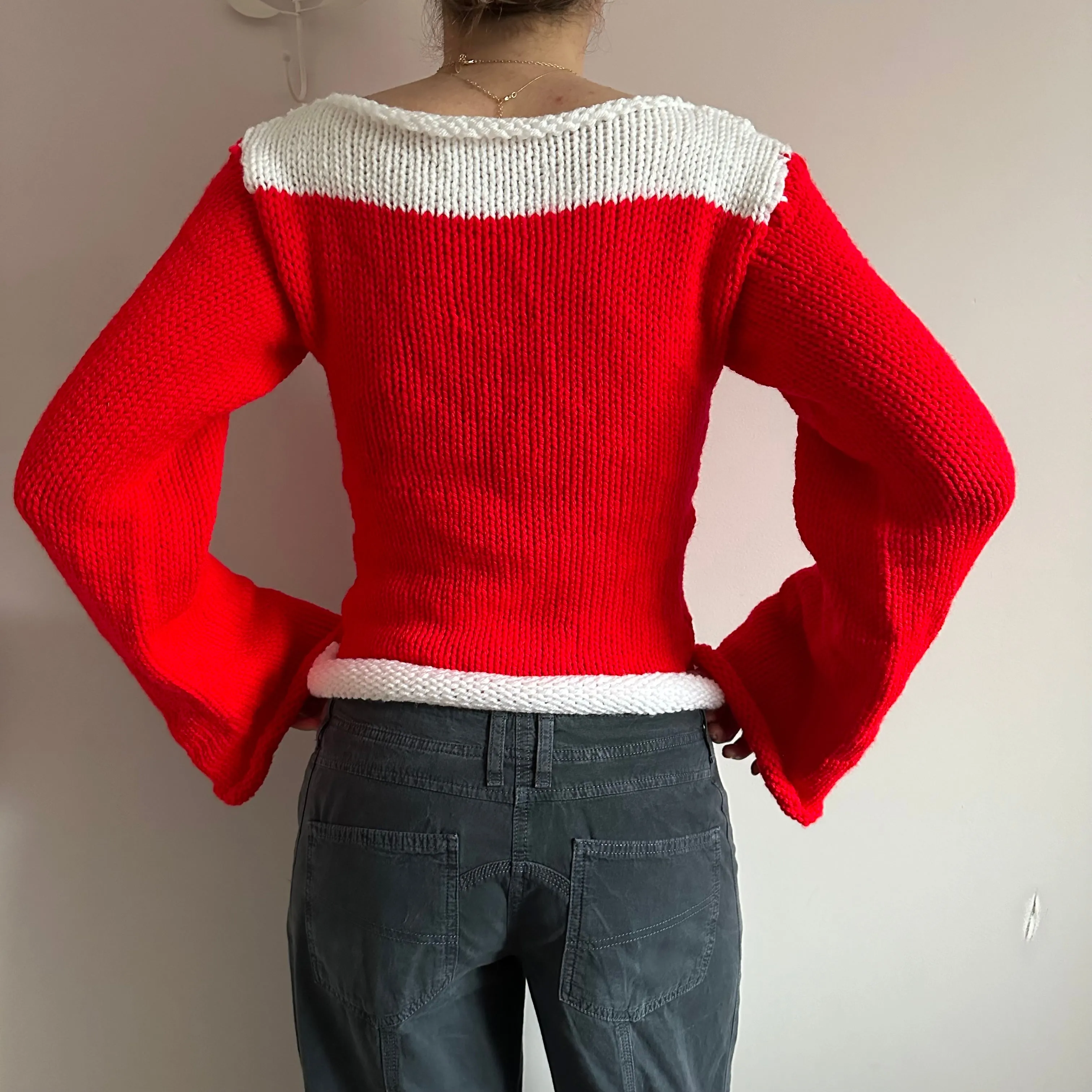 Handmade knitted colour block jumper in red and white